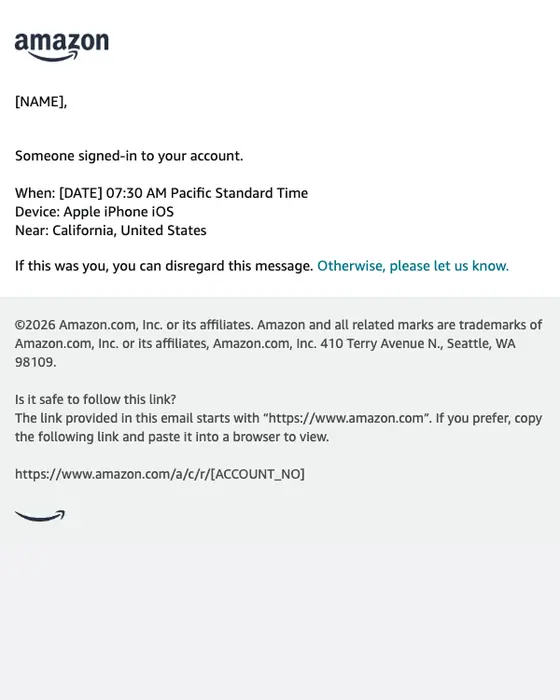 Amazon security alert email