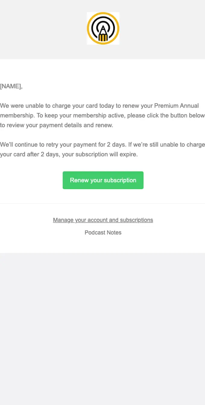 Podcast Notes expiration notice email, full length