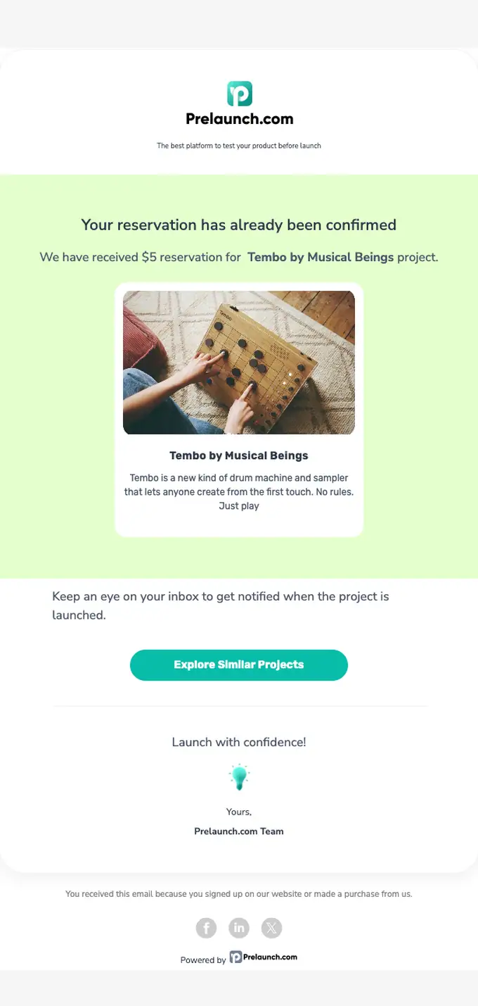 Prelaunch.com reservation email, full length