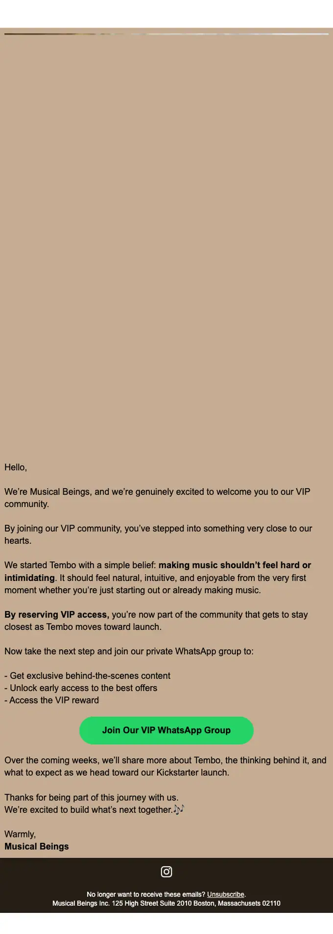 Musical Beings welcome email, full length