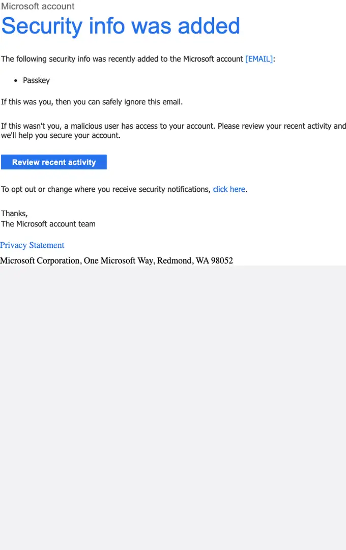 Microsoft account security alert email, full length