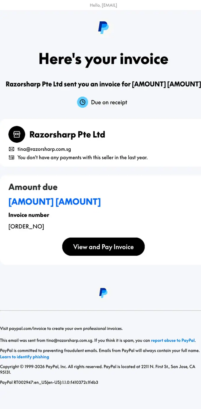 PayPal invoice email, full length