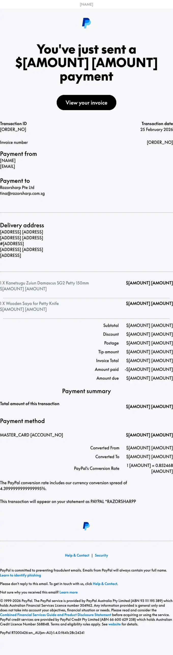 PayPal payment confirmation email, full length