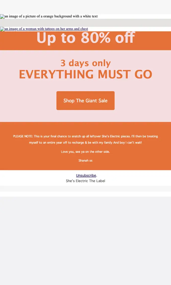 SHE'S ELECTRIC The Label sale email, full length