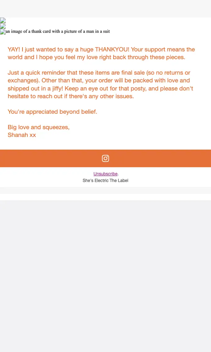 SHE'S ELECTRIC The Label order confirmation email, full length