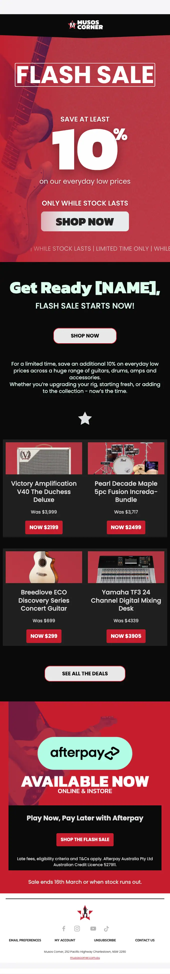 Musos Corner sale email, full length