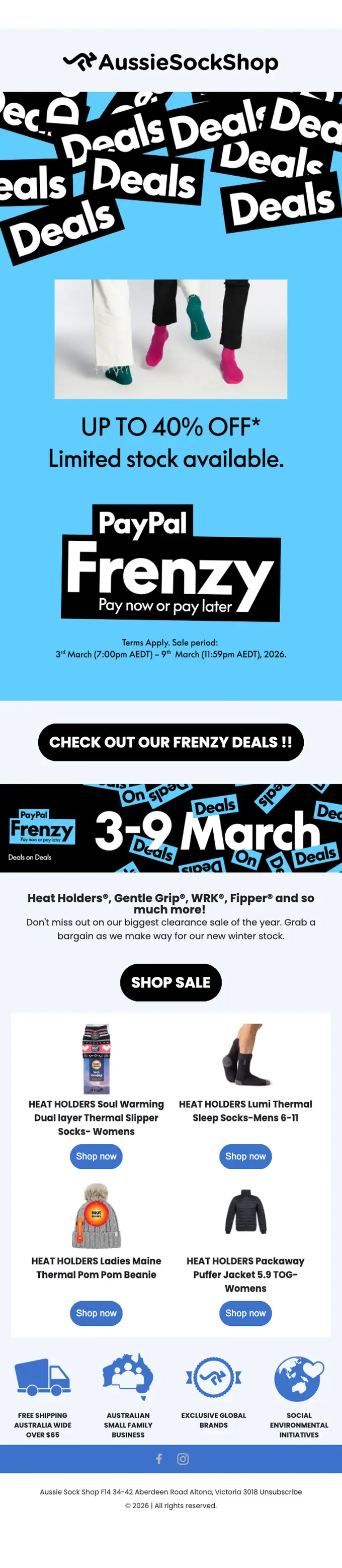 Aussie Sock Shop sale email, full length