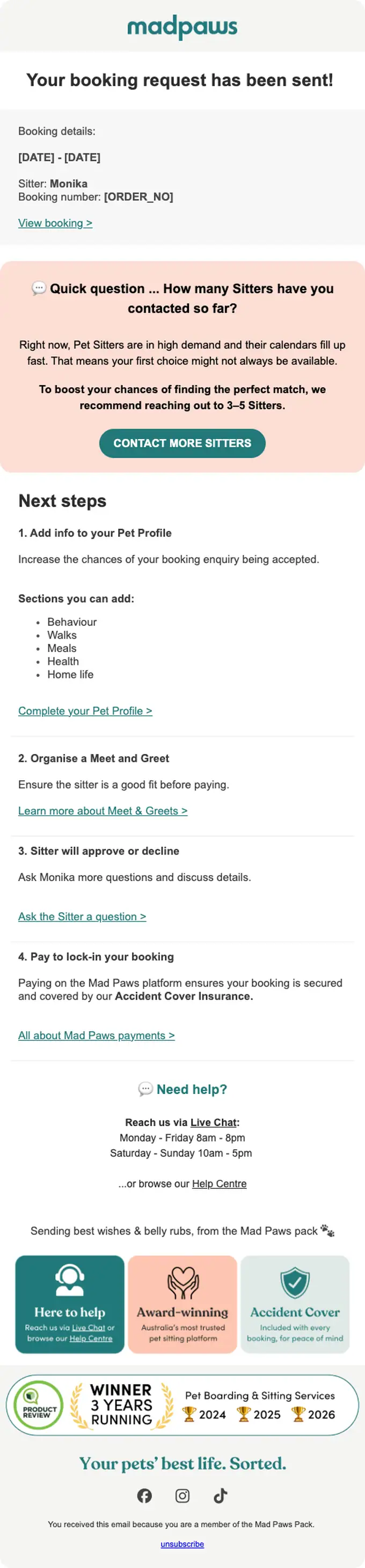 Mad Paws booking confirmation email, full length