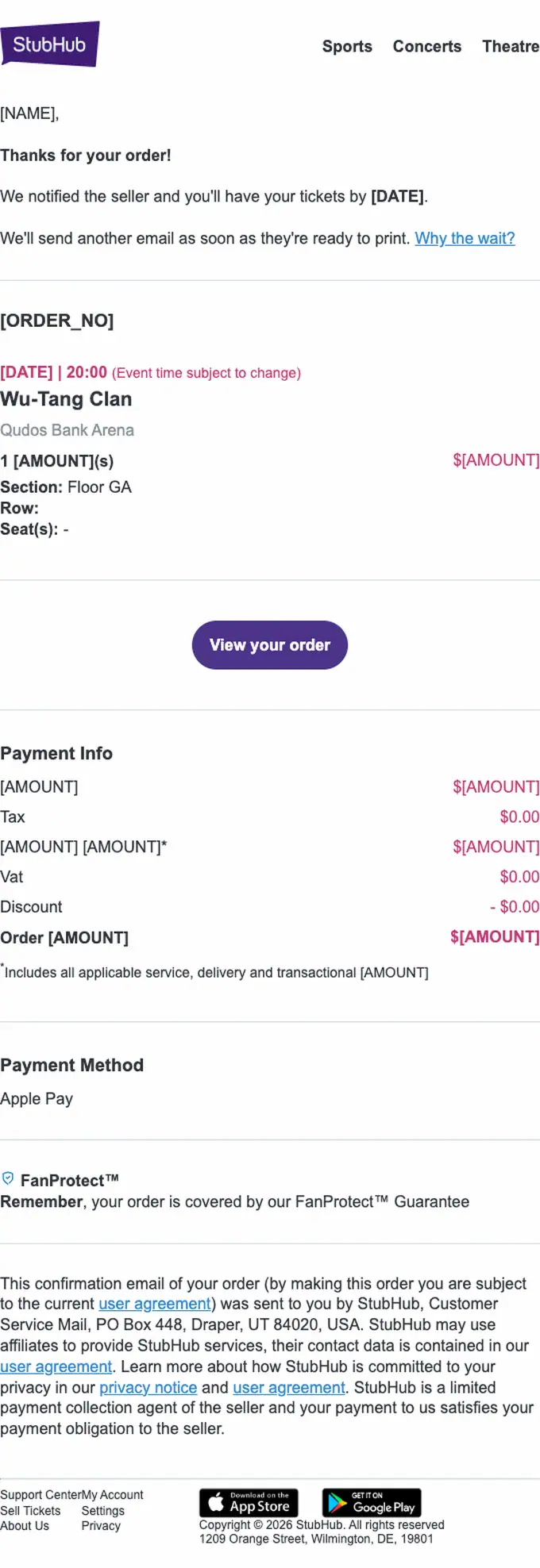 StubHub order confirmation email, full length