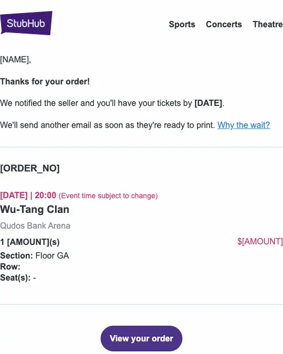 StubHub order confirmation email