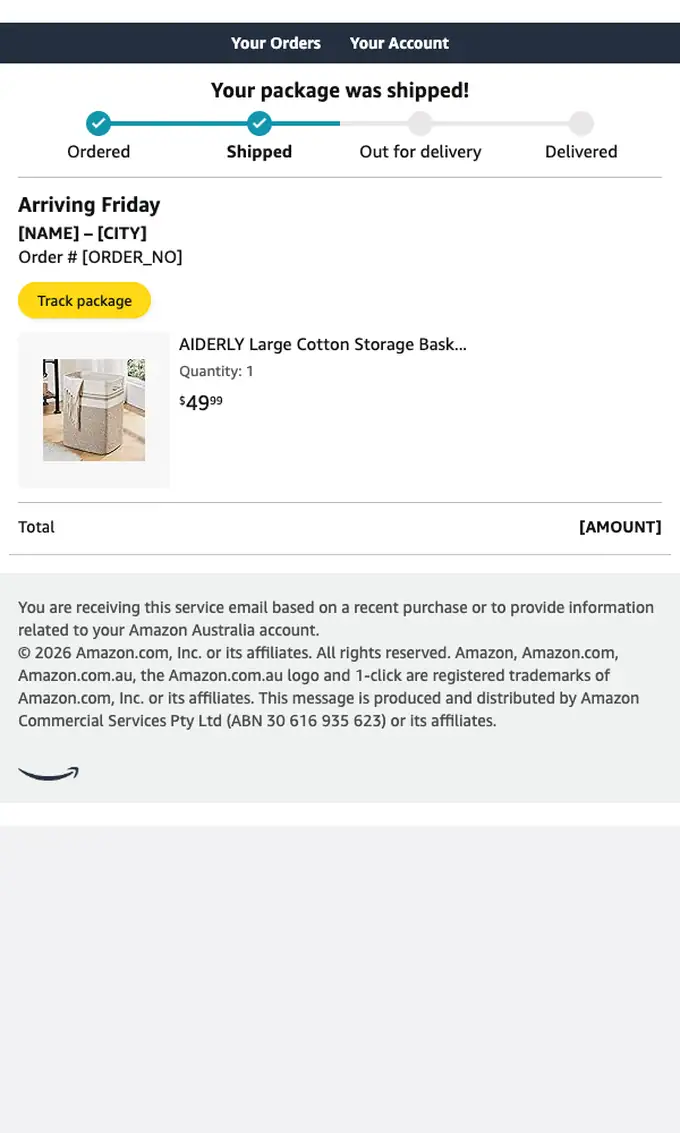 Amazon.com.au shipping email, full length