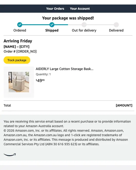 Amazon.com.au shipping email