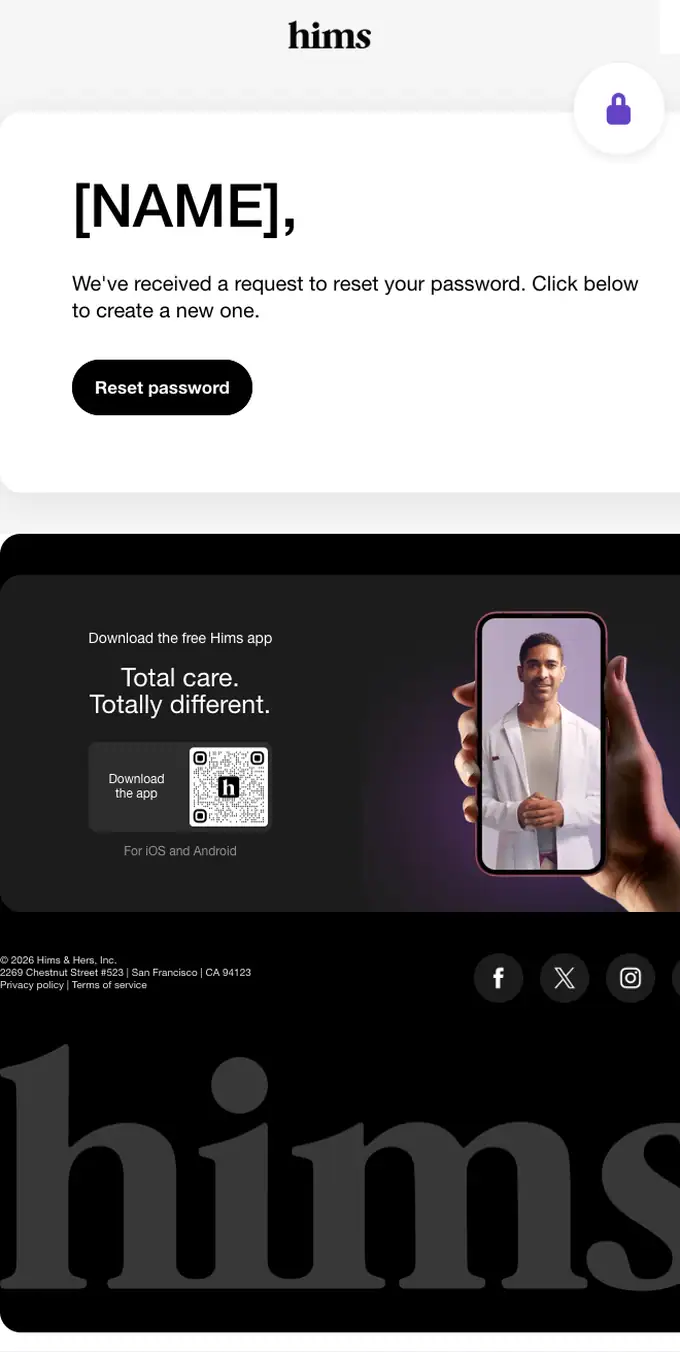 Hims password reset email, full length