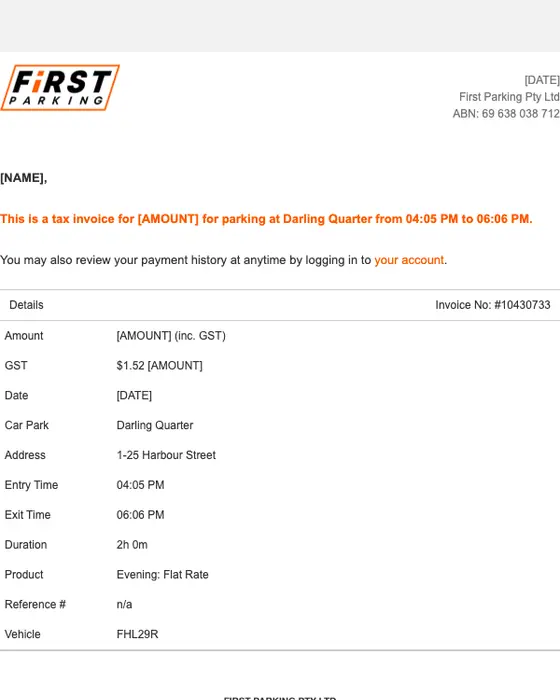 First Parking payment confirmation email