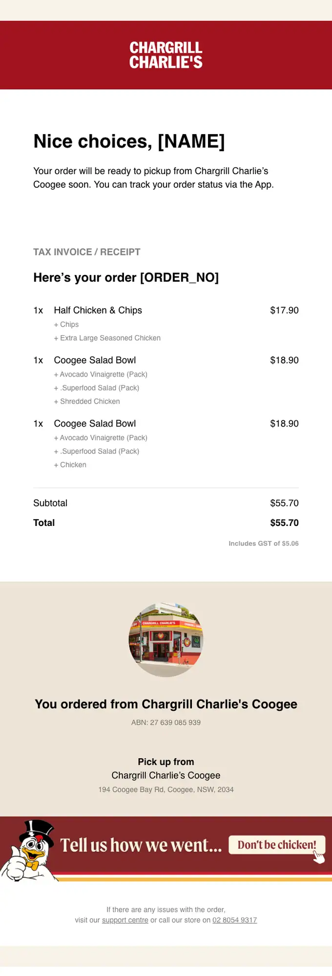 Chargrill Charlie's order confirmation email, full length