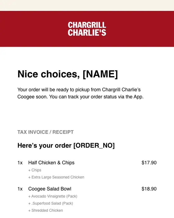 Chargrill Charlie's order confirmation email