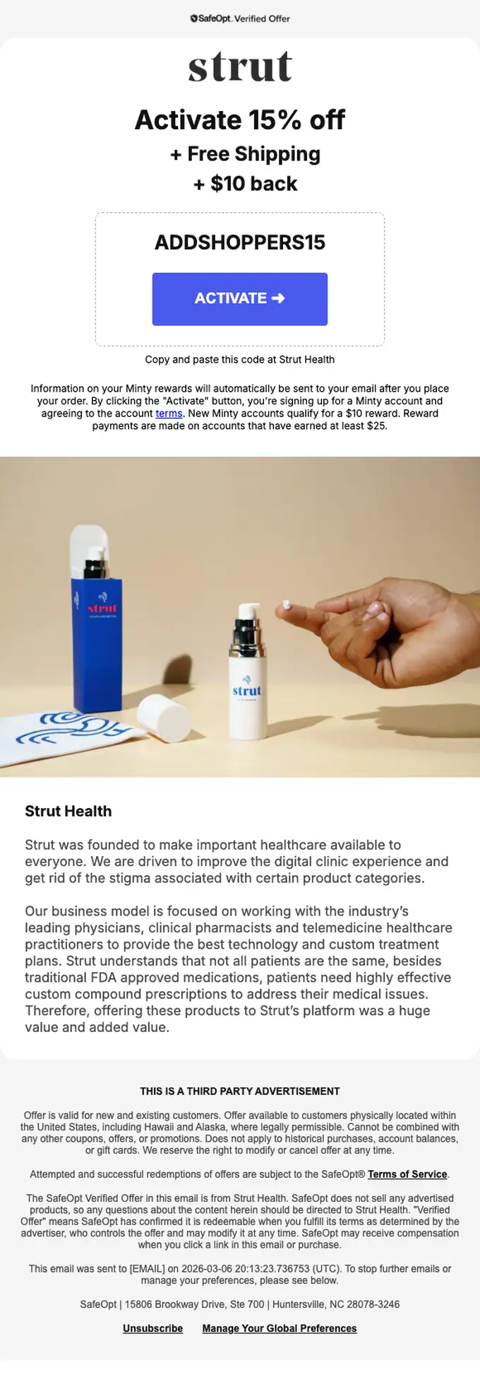 Strut Health discount offer email, full length