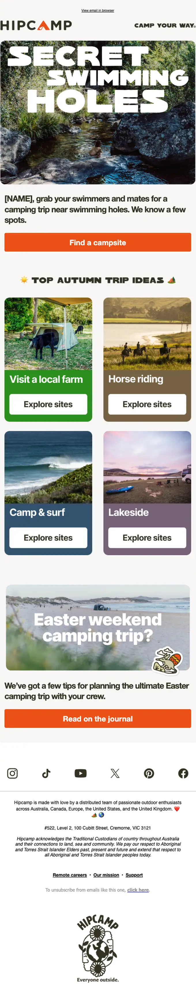 Hipcamp promotional email, full length