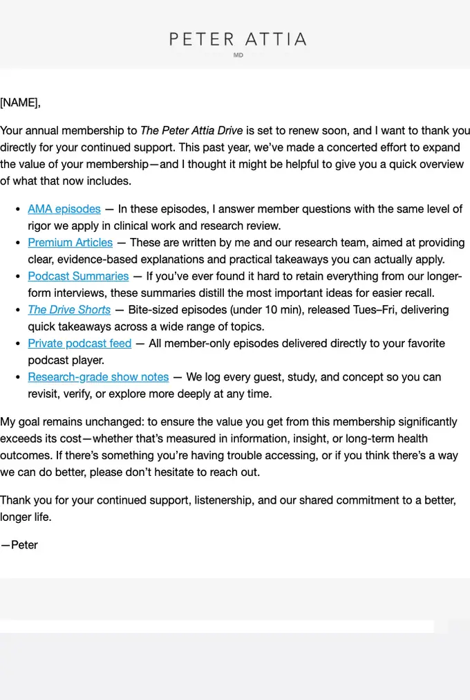 Peter Attia expiration notice email, full length