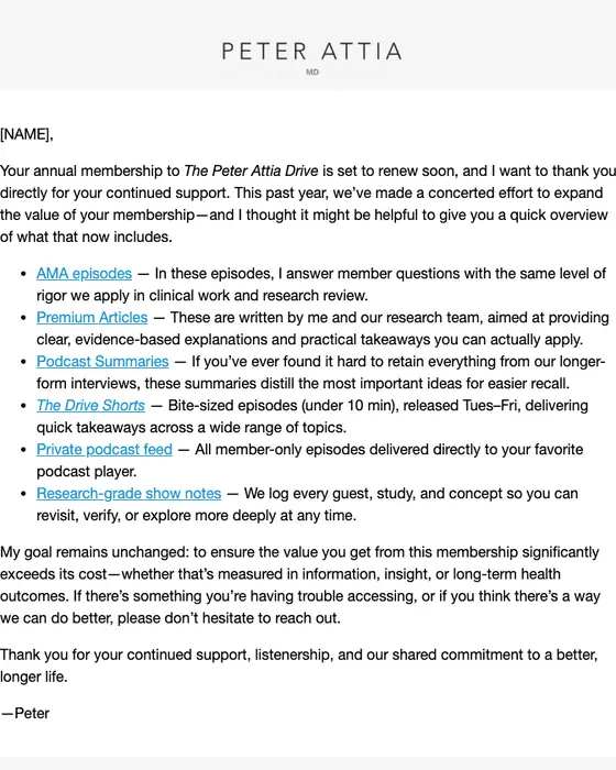 Peter Attia expiration notice email