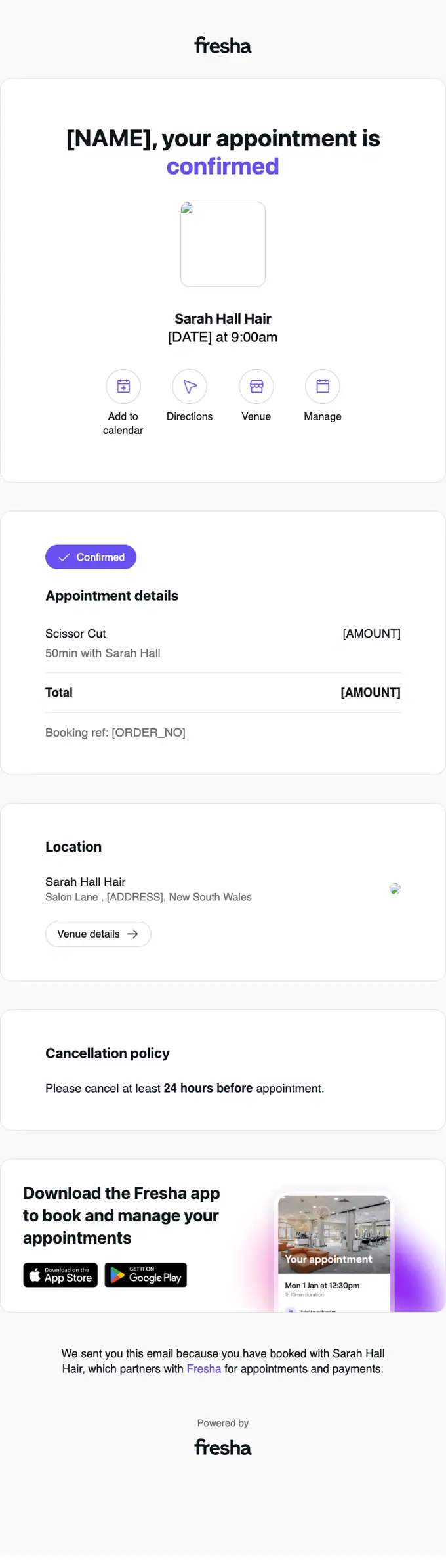 Sarah Hall Hair appointment email, full length
