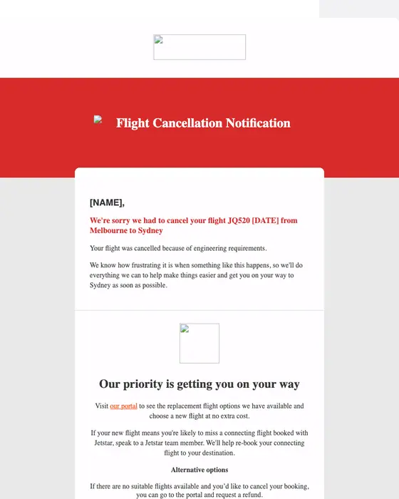 Jetstar Airways cancellation email