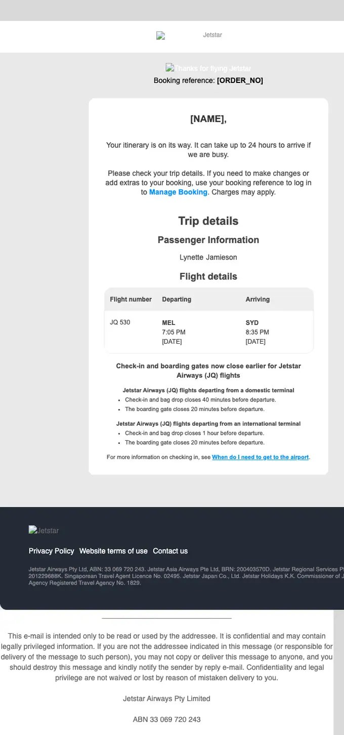 Jetstar booking confirmation email, full length