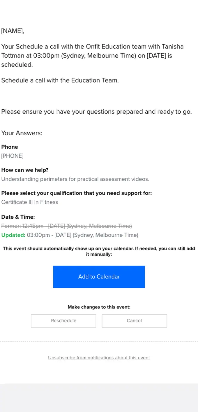 Calendly appointment email, full length