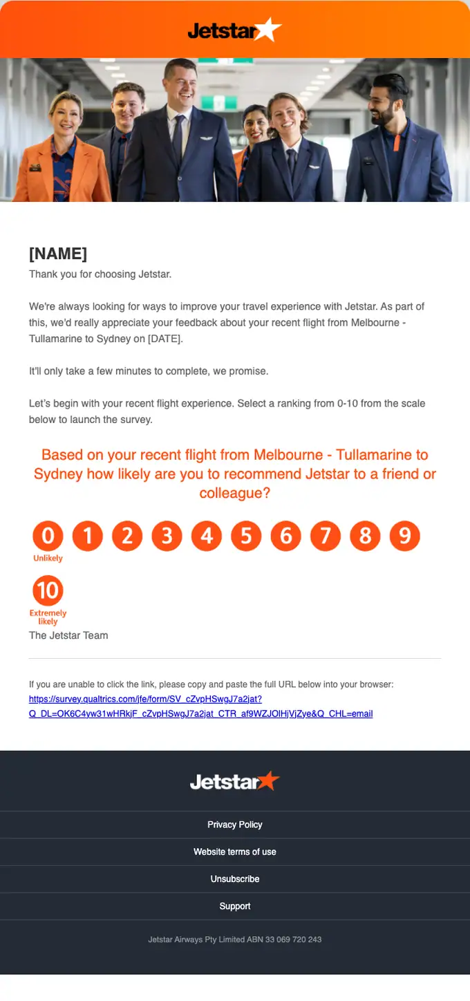 Jetstar survey email, full length