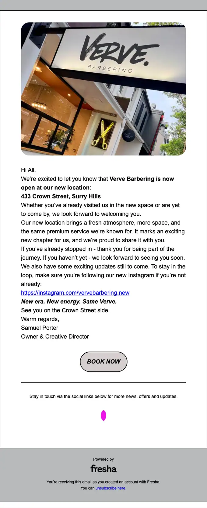 Verve Barbering account notice email, full length
