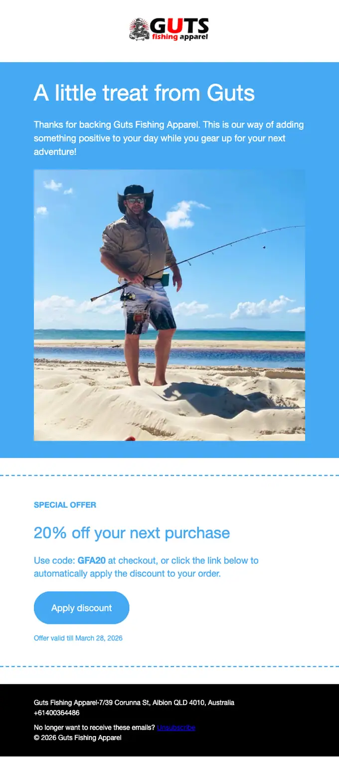 Guts Fishing Apparel discount offer email, full length