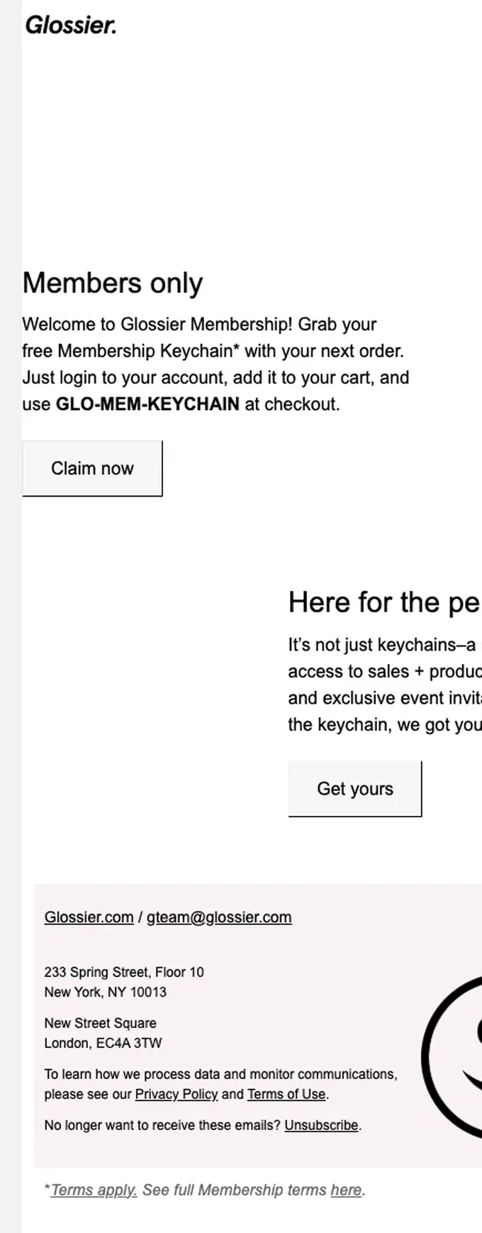 Glossier welcome email, full length