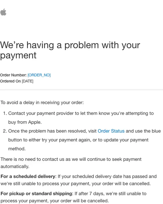 Apple account notice email: Action Required on Apple Order [REF]