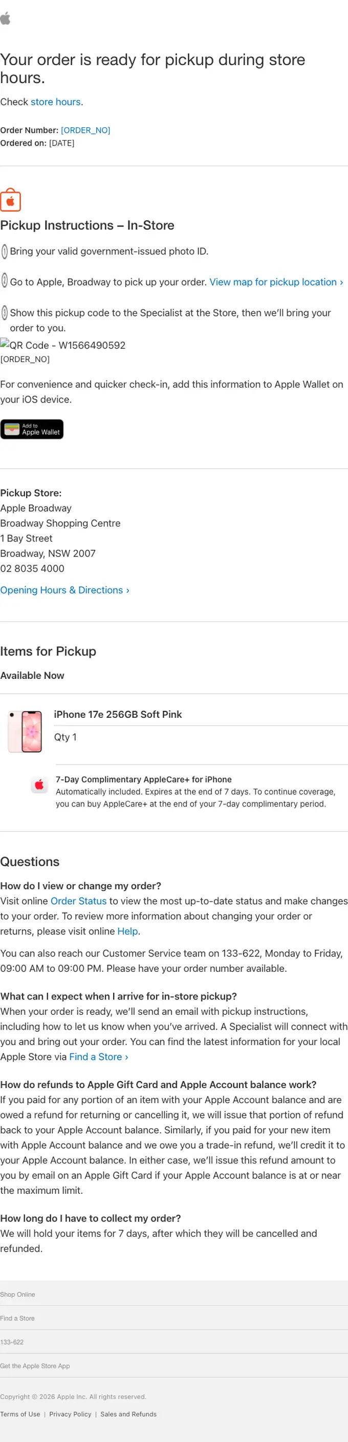 Apple Store account notice email, full length
