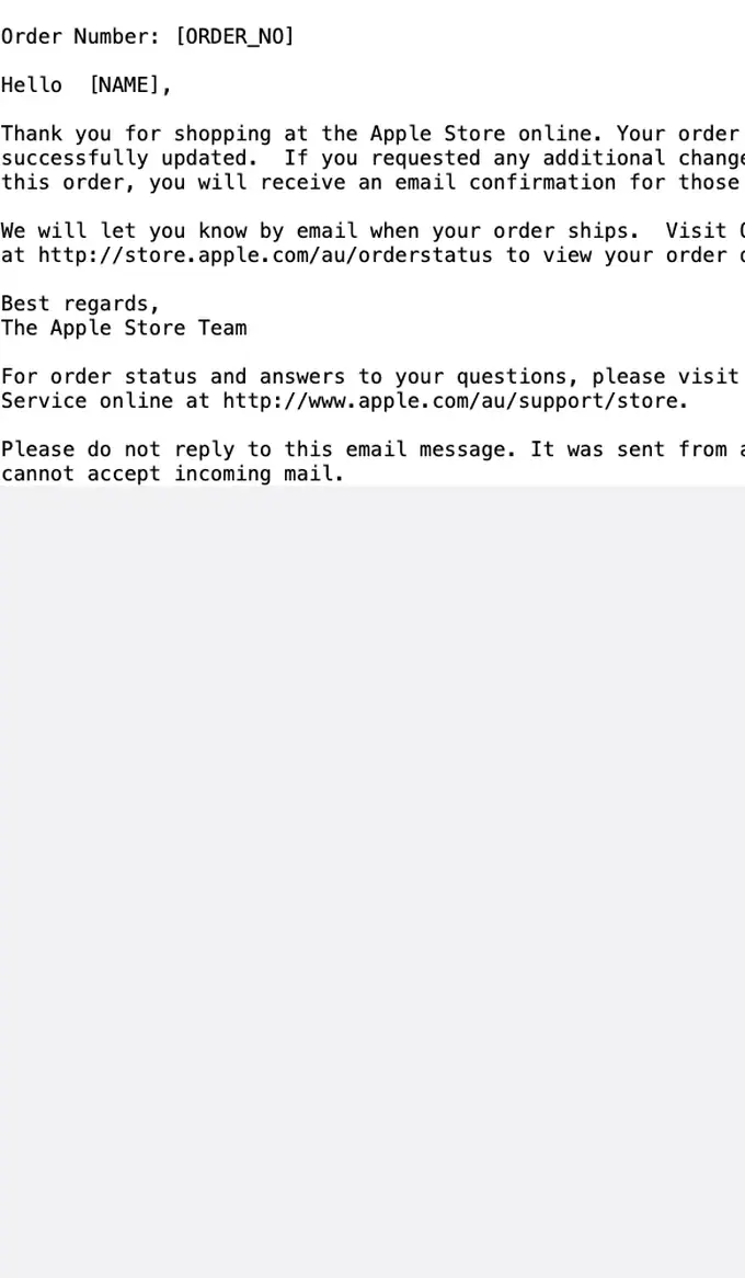 APPLE STORE order confirmation email, full length