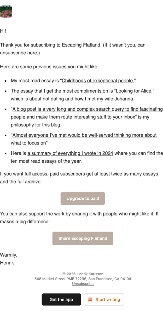 Escaping Flatland welcome email, full length