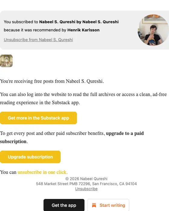 Nabeel S. Qureshi (via Substack) welcome email