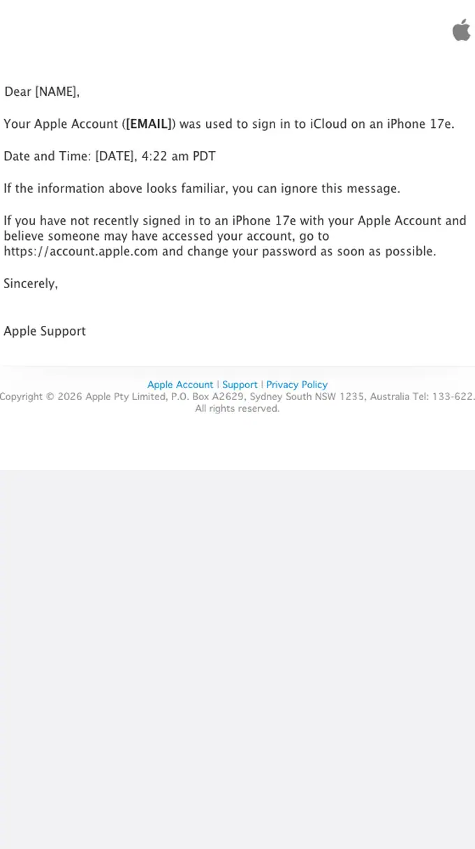 Apple security alert email, full length