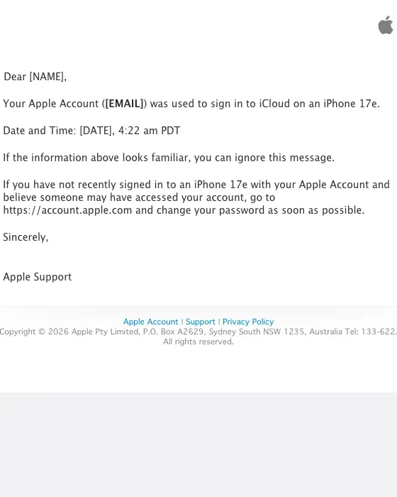 Apple security alert email: Your Apple Account was used to sign in to iCloud on an iPhone 17e