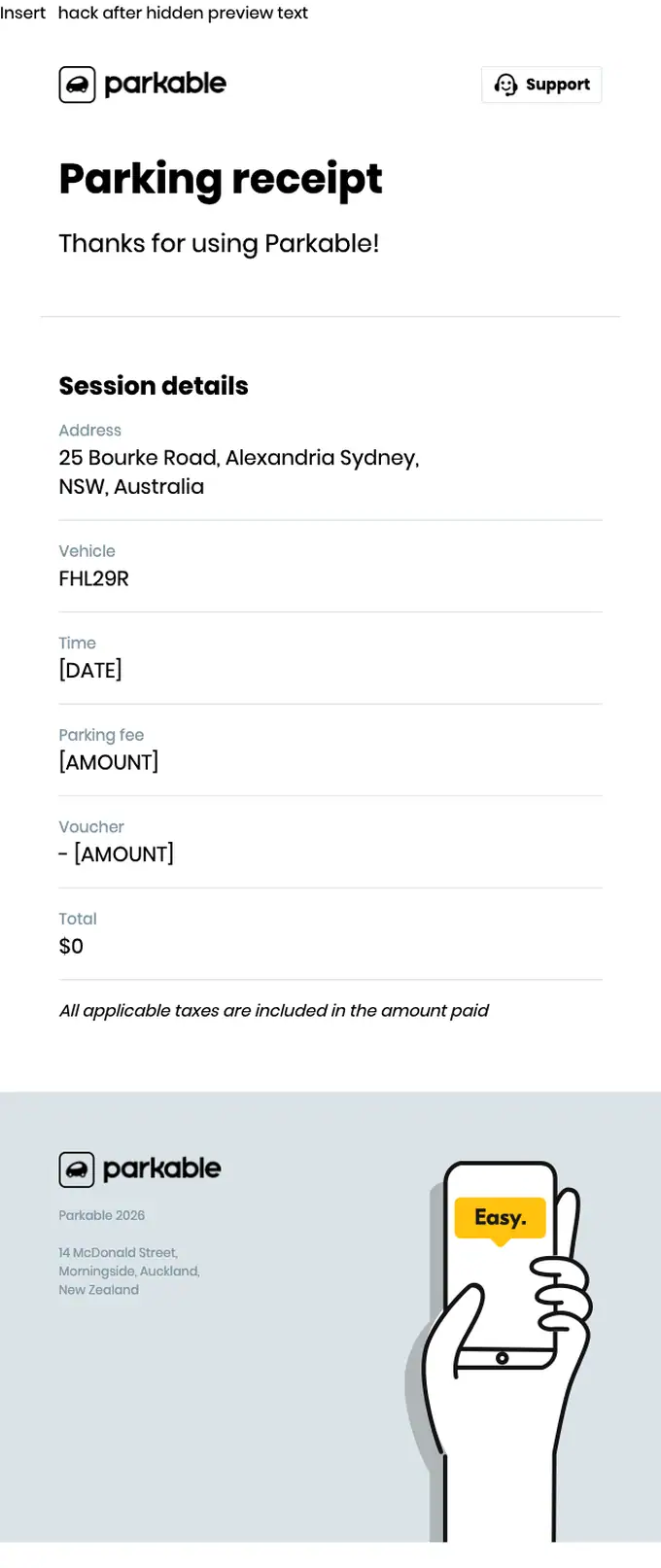 Parkable receipt email, full length