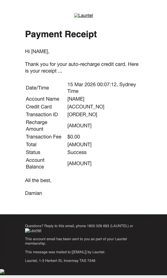 Launtel receipt email, full length