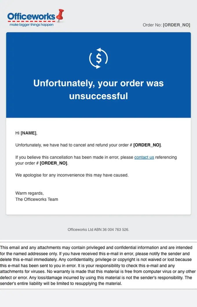 Officeworks cancellation email, full length