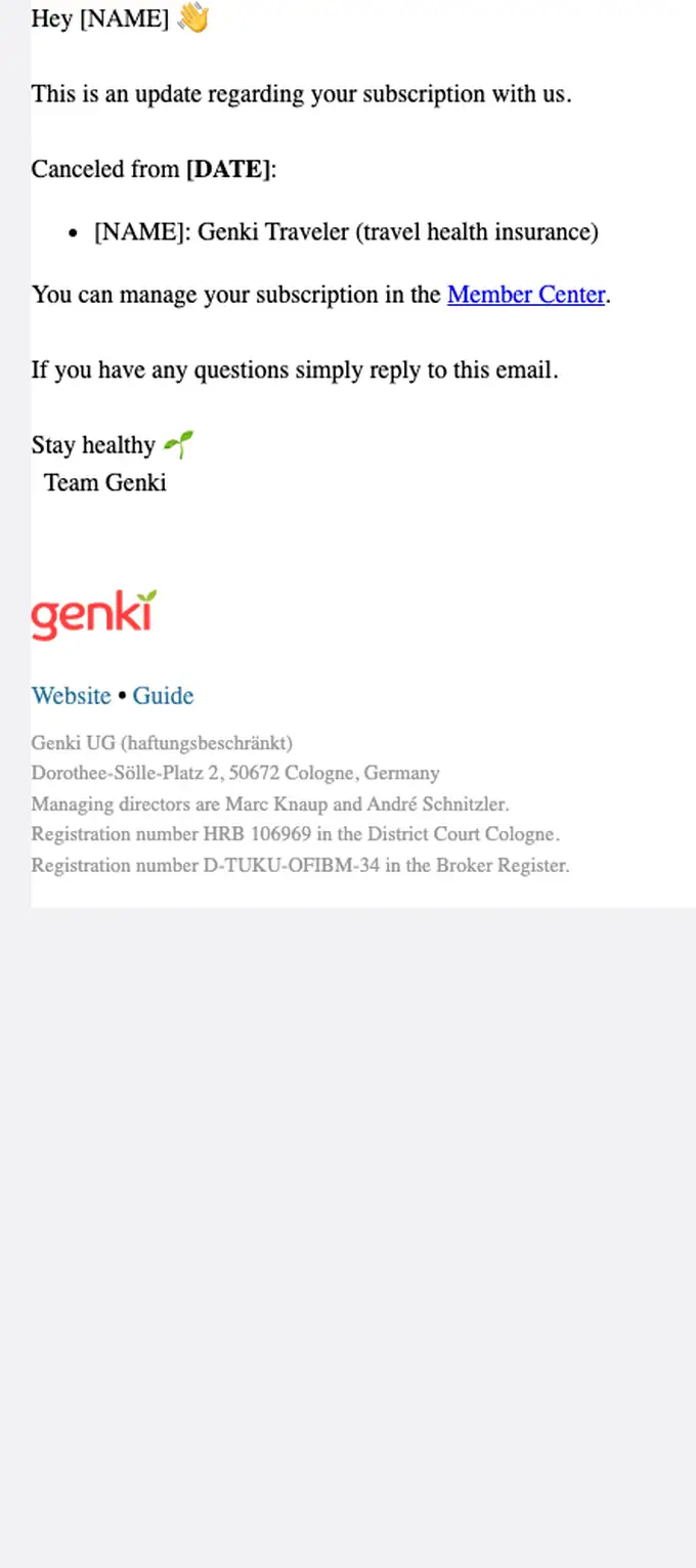 Genki cancellation email, full length