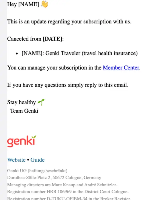 Genki cancellation email