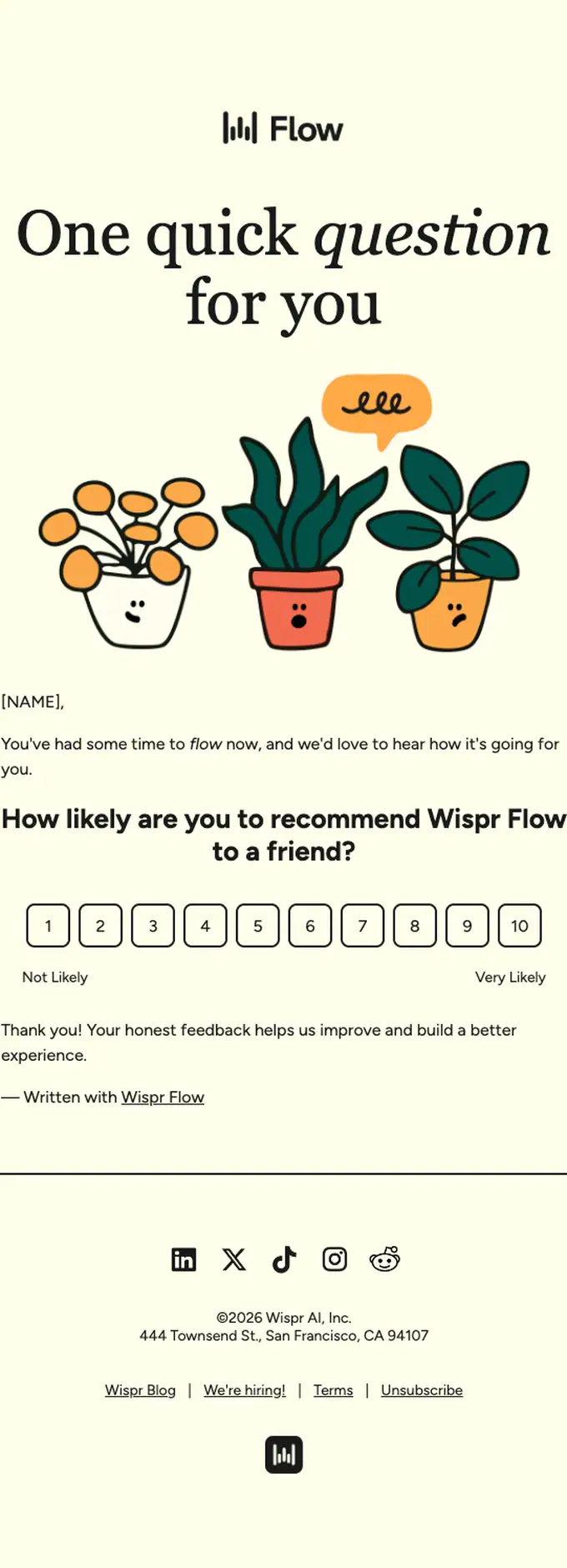 Wispr Flow survey email, full length