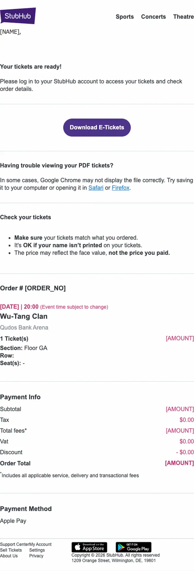 StubHub order confirmation email, full length