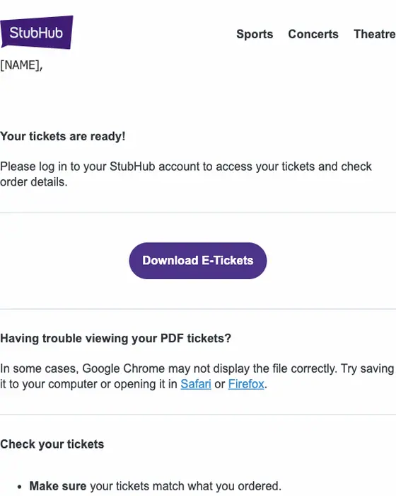 StubHub order confirmation email: Your tickets are ready - order# [ORDER_NO]