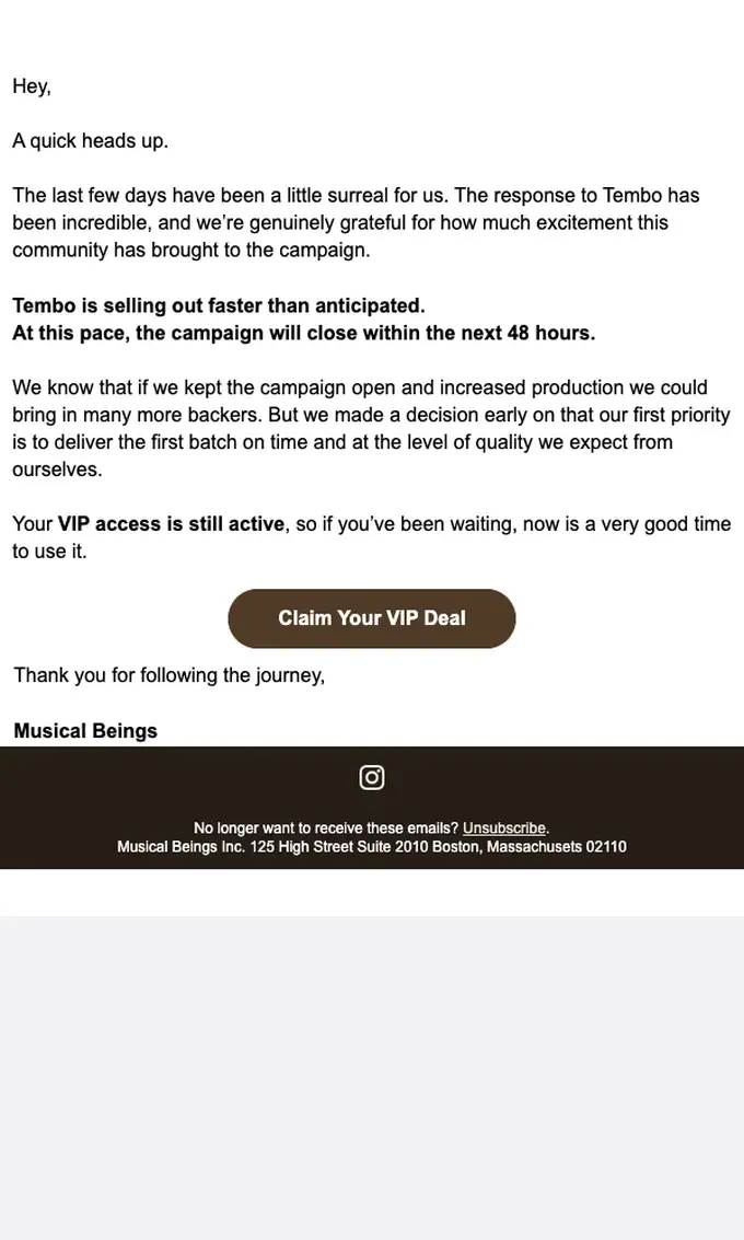 Musical Beings expiration notice email, full length