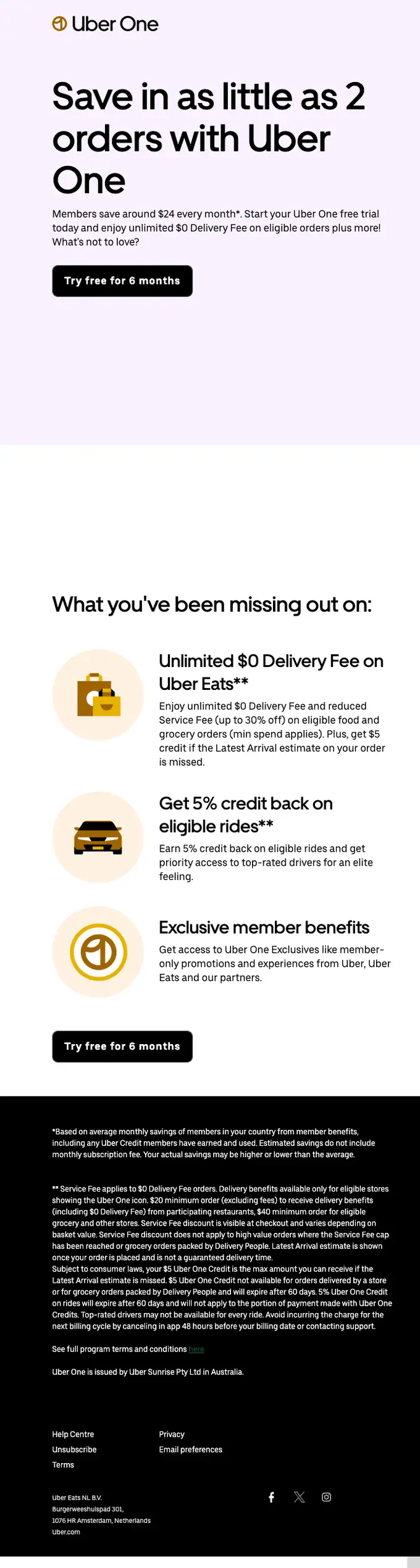 Uber One promotional email, full length