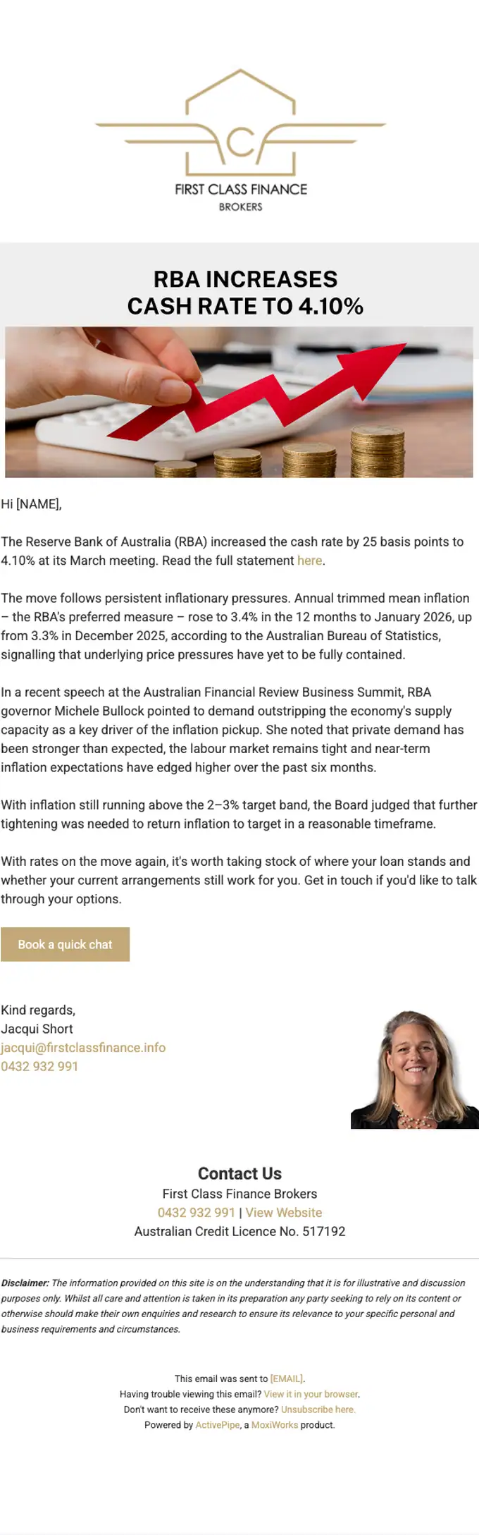 First Class Finance Brokers account notice email, full length